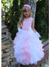 Illusion Neck Pink Lace Organza Ruffle Long Flower Girl Dress